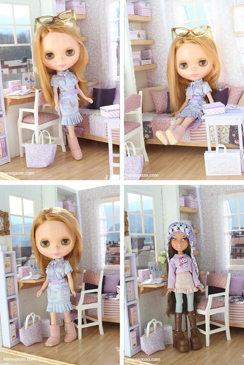 Pode incluir: Quatro imagens de bonecas em um cen&aacute;rio de quarto em miniatura. As bonecas t&ecirc;m cabelo loiro e usam vestidos e botas. O quarto &eacute; decorado em tons de roxo e branco, com m&oacute;veis, prateleiras e acess&oacute;rios em miniatura. O endere&ccedil;o do site "nereapozo.com" &eacute; vis&iacute;vel em alguns itens.