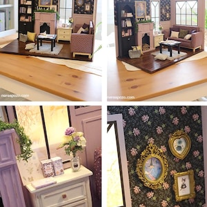 May include: A miniature dollhouse living room set featuring a black bookshelf, a lavender fireplace, a patterned sofa, a coffee table, and a white nightstand. The walls have dark floral wallpaper and gold-framed wall art.