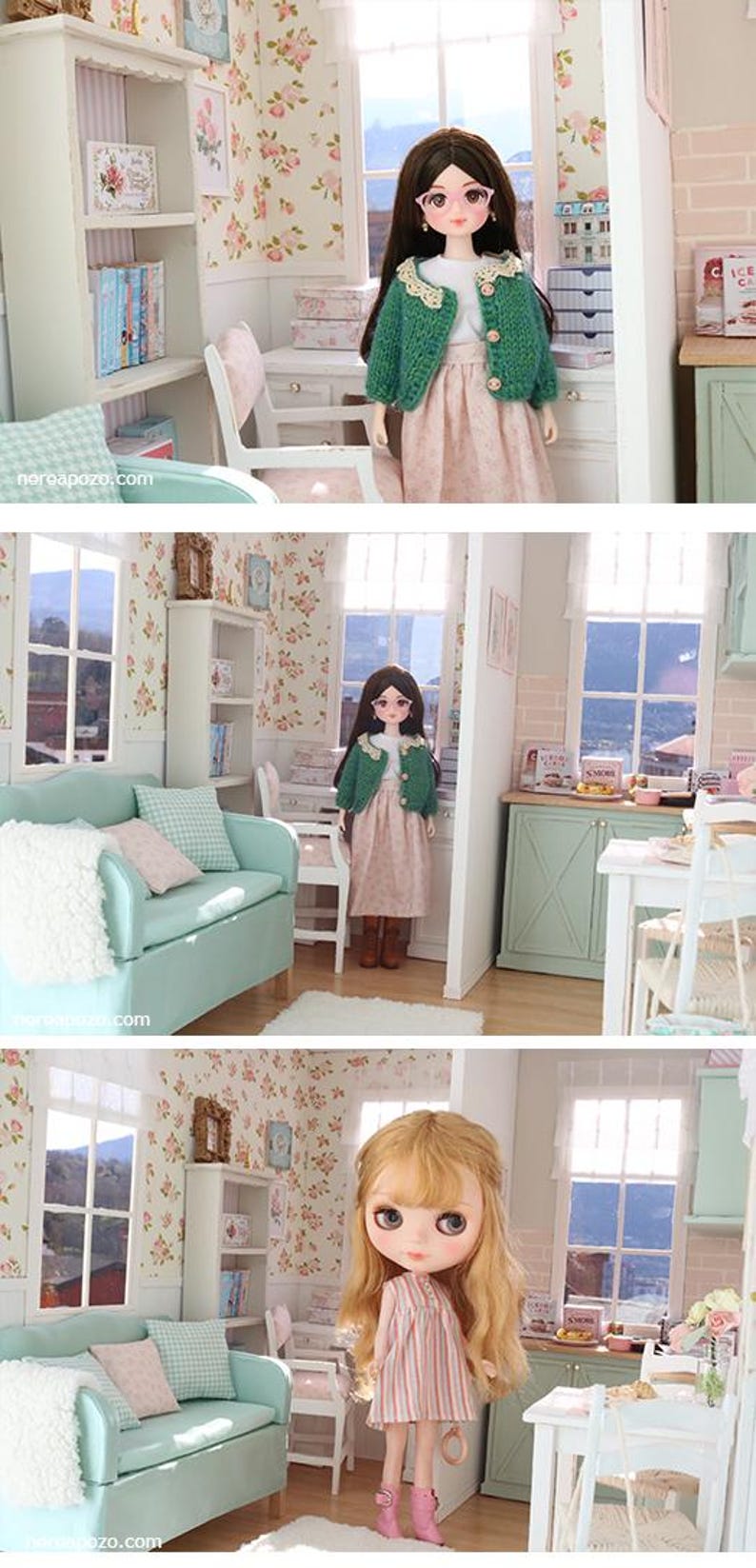 May include: A dollhouse interior scene with a doll in a green jacket and pink dress. The room has floral wallpaper, a sofa, and a desk. The scene is well-lit, with a window in the background, creating a charming, miniature setting.
