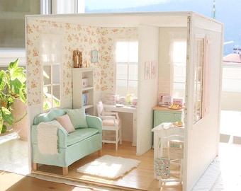 Apartamento Concha e Peônia - Diorama em miniatura para casa de bonecas em escala 1/6 (feito à mão)