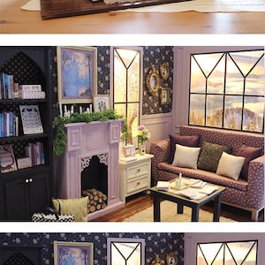 May include: A miniature dollhouse living room set featuring a purple polka dot sofa, a black bookshelf, a light purple fireplace with logs, a small black coffee table, a white side table, and floral wallpaper with framed wall art.