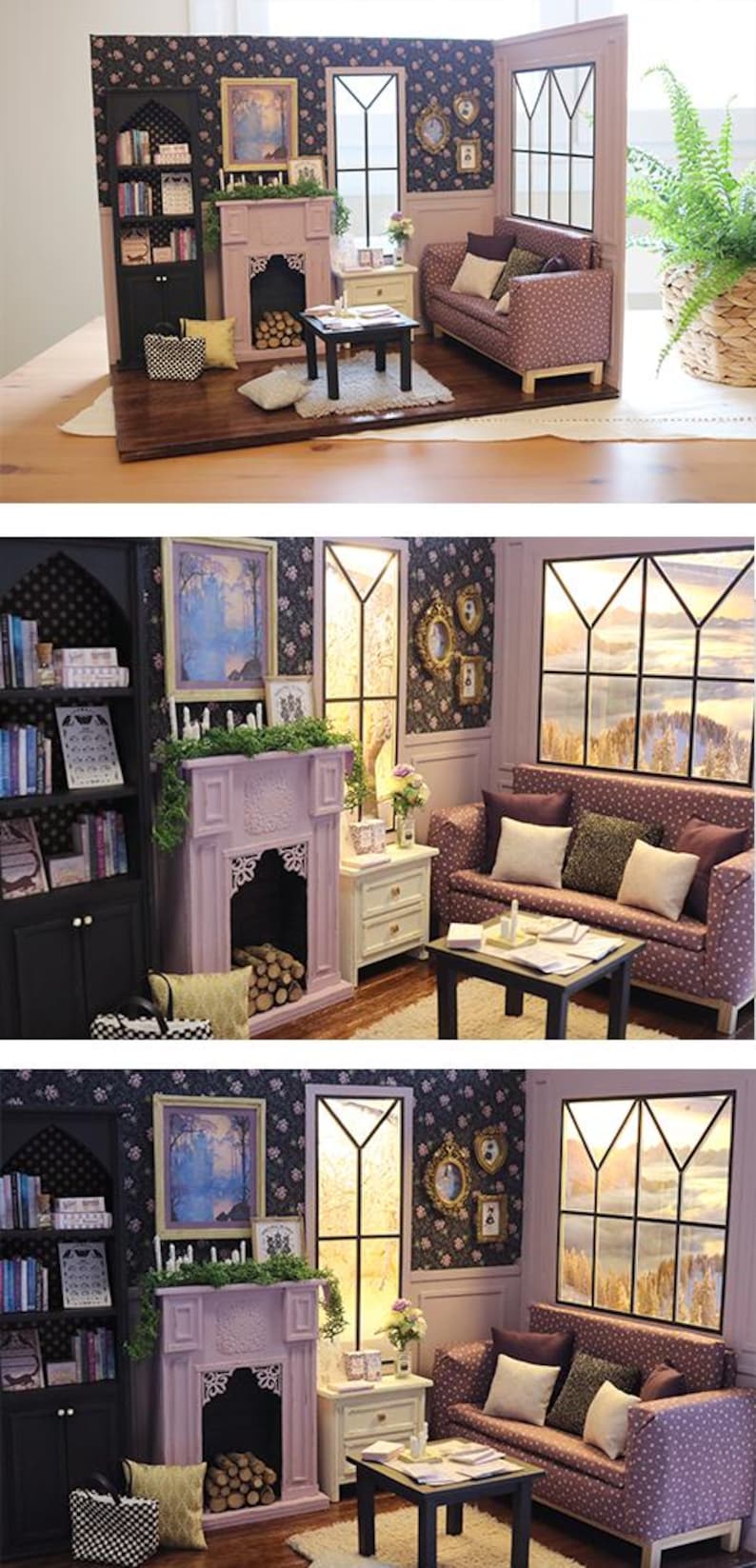 May include: A miniature dollhouse living room set featuring a purple polka dot sofa, a black bookshelf, a light purple fireplace with logs, a small black coffee table, a white side table, and floral wallpaper with framed wall art.