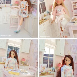 May include: Four images of dolls in a miniature kitchen setting. The dolls are dressed in various outfits, including dresses and a sweater. The kitchen features white cabinets, a window, and a small table. The overall theme is a dollhouse scene.