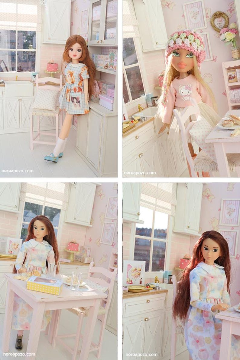 May include: Four images of dolls in a miniature kitchen setting. The dolls are dressed in various outfits, including dresses and a sweater. The kitchen features white cabinets, a window, and a small table. The overall theme is a dollhouse scene.