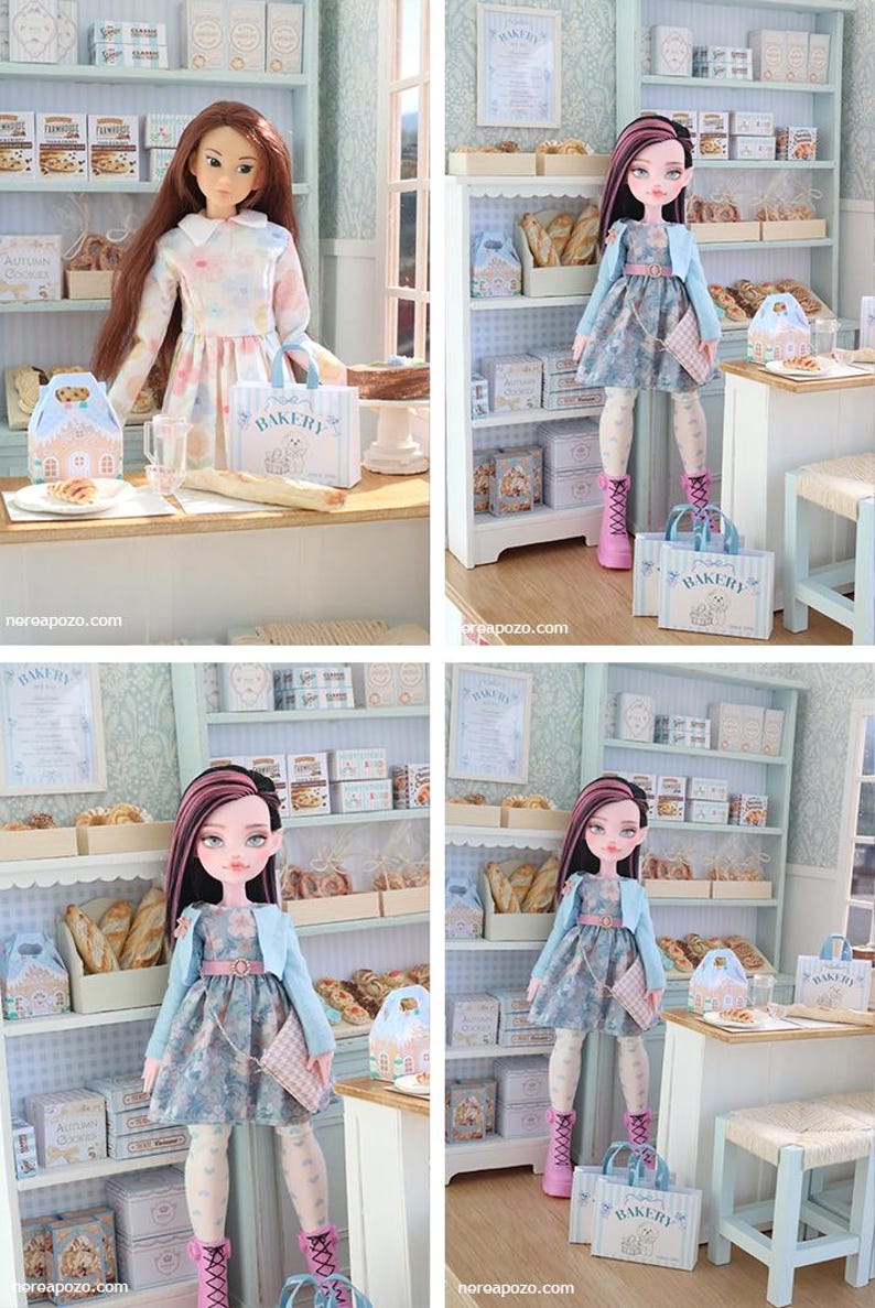 May include: A doll with long dark hair featuring pink highlights, wearing a floral dress, light blue cardigan, and pink boots. The doll stands in a miniature bakery setting with shelves filled with boxes, bread, and a sign labeled BAKERY.