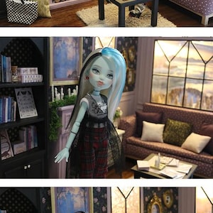 May include: A dollhouse living room scene featuring a pale-skinned doll with long blue and black hair, wearing a black top with the text Coquette Charm, a black tulle skirt, and red plaid pants, seated on a purple polka-dot sofa near a fireplace.
