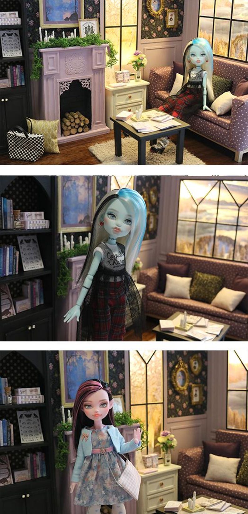 May include: A dollhouse living room scene featuring a pale-skinned doll with long blue and black hair, wearing a black top with the text Coquette Charm, a black tulle skirt, and red plaid pants, seated on a purple polka-dot sofa near a fireplace.