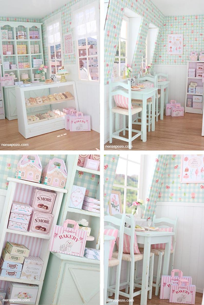 K&ouml;nnte beinhalten: Eine Miniatur-B&auml;ckerei-Szene in Pastellgr&uuml;n und Rosa. Vitrinen halten Geb&auml;ck, Regale sind mit Schachteln best&uuml;ckt und kleine Tische und St&uuml;hle sind aufgestellt. Die Szene enth&auml;lt den Text "Bakery" auf Taschen und Schachteln.