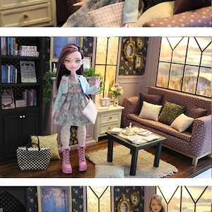 May include: A dollhouse interior featuring a miniature living room with a brown polka-dot sofa, a black coffee table, a fireplace, a bookshelf, and a side table. Two different dolls are shown in separate scenes, one wearing a floral dress and pink boots.