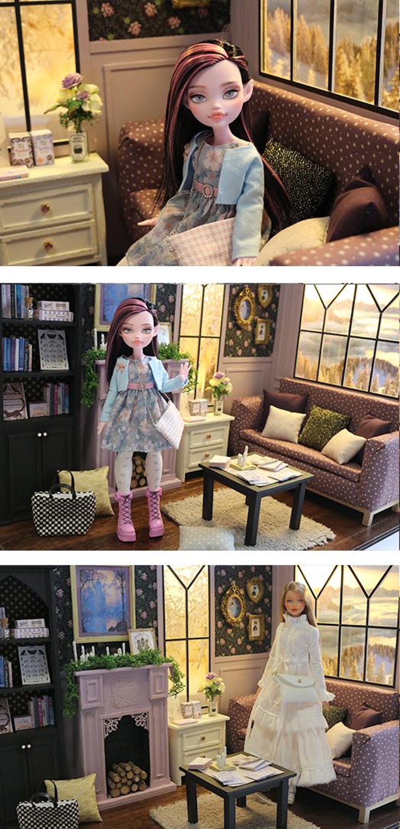 May include: A dollhouse interior featuring a miniature living room with a brown polka-dot sofa, a black coffee table, a fireplace, a bookshelf, and a side table. Two different dolls are shown in separate scenes, one wearing a floral dress and pink boots.