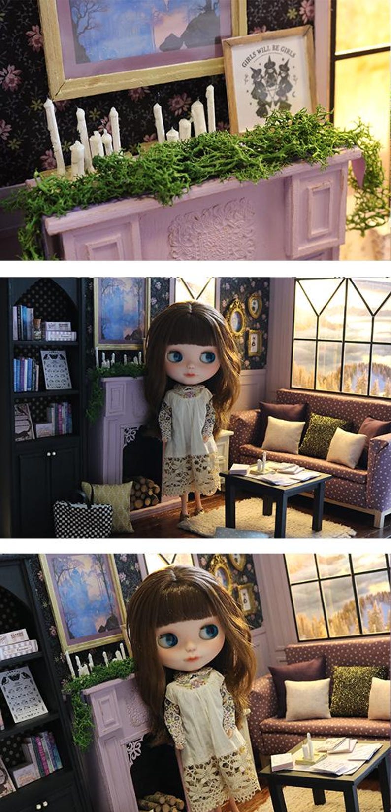 May include: A miniature dollhouse living room featuring a doll with brown hair, a cream-colored dress with lace trim, a purple fireplace mantel with green moss and white candles, a black bookshelf, a purple sofa with pillows, and a small table.