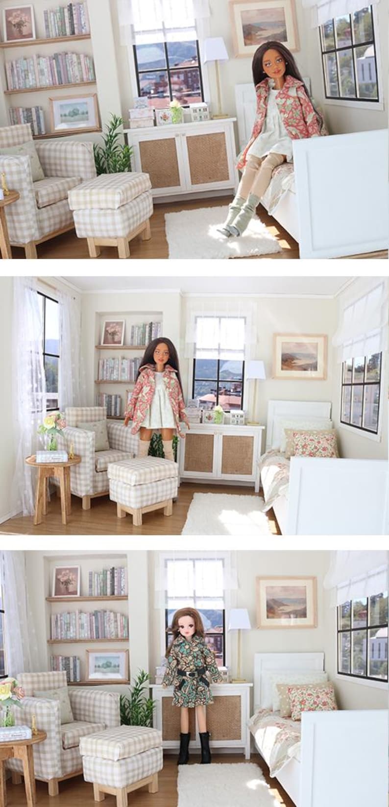 K&ouml;nnte beinhalten: Ein Miniatur-Puppenhauszimmer mit einer Puppe mit langem braunen Haar, die einen gemusterten Mantel und ein Kleid tr&auml;gt. Der Raum enth&auml;lt einen karierten Sessel mit passendem Hocker, ein wei&szlig;es Bett mit Blumenkissen, ein Regal und einen Schrank.