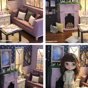 May include: A miniature dollhouse living room set featuring a purple polka dot sofa with throw pillows, a black coffee table, a lavender fireplace with logs, a black bookshelf, and a doll with brown hair wearing a cream lace dress.