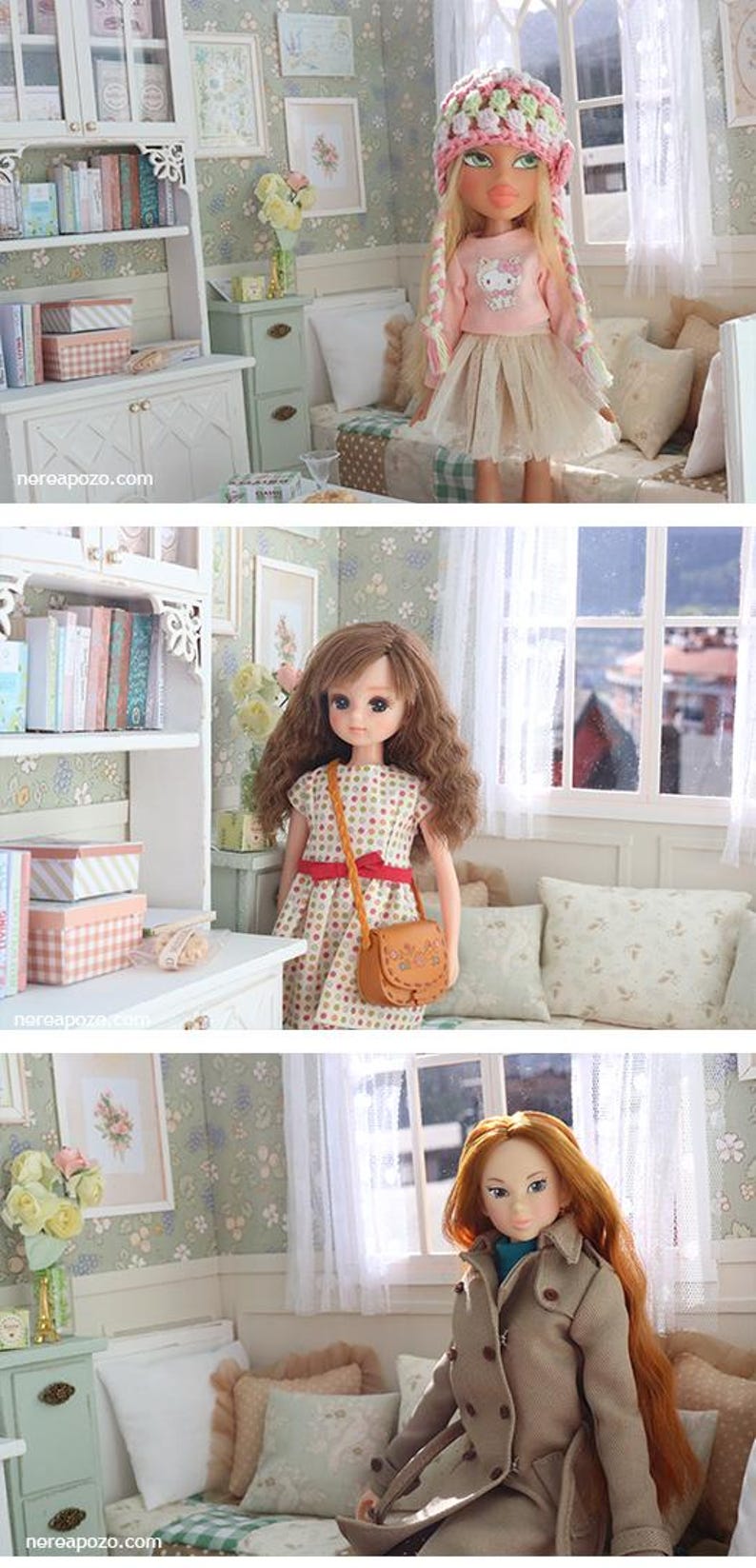 Może przedstawiać: Trzy lalki w miniaturowym pokoju. Pierwsza lalka ma na sobie r&oacute;żowy top, białą sp&oacute;dnicę i dzianinową czapkę. Druga lalka ma na sobie sukienkę w kropki z małą torebką. Trzecia lalka ma na sobie płaszcz w kolorze beżowym.