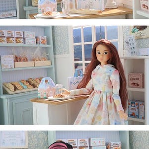 May include: A doll with long brown hair wearing a white dress with a pastel floral pattern stands in a miniature bakery setting. The scene includes shelves stocked with small boxes of cookies, pastries, and a blue and white bakery shopping bag.