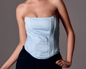 Light blue satin corset, Off shoulder corset, Corset for dress, Lace up corset, Modern corset, Custom corset top, Women's corset