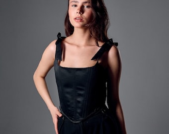 Schwarzes Satin Korsett, Schwarzes Binderiemen Korsett, Gothic Satin Korsett, Korsett Top für Frauen, Schwarzes Abendkorsett, Elegantes schwarzes Korsett