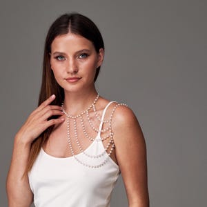 Pearl shoulder necklace, Neck shoulder necklace, One shoulder necklace, Pearl body jewelry, Cascading pearl necklace, Pearl choker