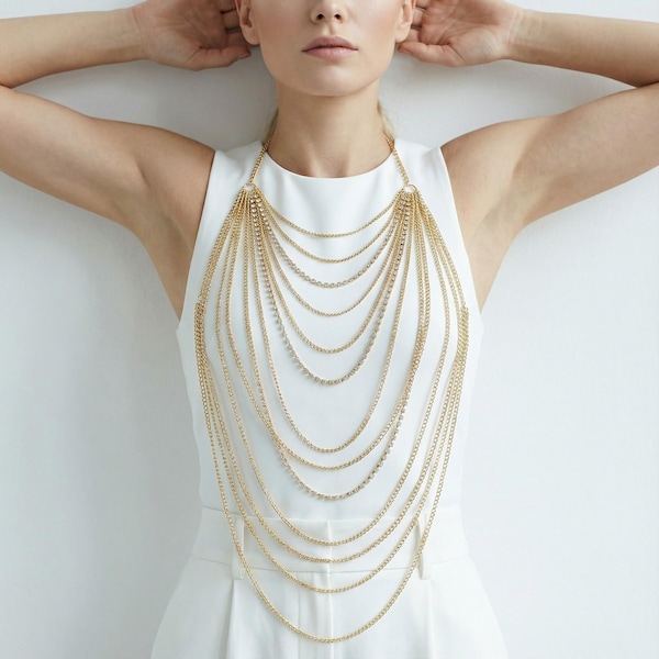 Layered Body Chain,Gold Body Chain,Body Chain Necklace,Multi Layer Body Chain,Statement Body Jewelry,Gold Body Jewelry,Chain Harness Jewelry