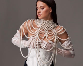 Pearl collar necklace, Pearl shoulder jewelry, Shoulder necklace, Pearl body jewelry, Bridal body necklace, Shoulder chain pearl