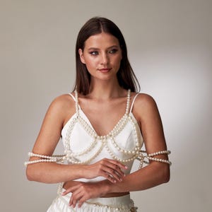 Pearl cape, Pearl body jewelry, Pearl body chain, Beaded bra, Pearl top, Pearl bra, Pearl beaded top, Pearled harness