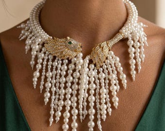 Perlenquasten-Choker, Statement-Perlenkette, Brautperlenkette, Hochzeitschoker, Perlenhalsband, Perlenkragen