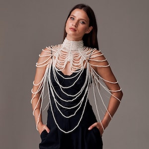 Bridal pearl shoulder body necklace, Pearl collar necklace, Pearl cape bridal, Pearl choker, Shoulder jewelry, Shoulder chain, Pearl harness