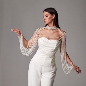 Pearl cape, Pearl body jewelry, Pearl body chain, Beaded bra, Pearl bra, Pearl beaded top, Shoulder necklace, Wedding shoulder cover