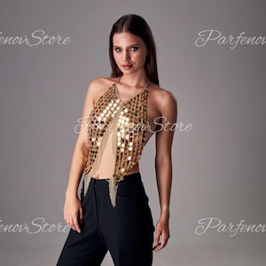 Gold top women, Gold metal top, Sequins top for women, Chainmail top women, Tassel body chain, Rave bra top, Shiny top, Chain bikini