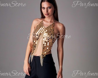 Gold top women, Gold metal top, Sequins top for women, Chainmail top women, Tassel body chain, Rave bra top, Shiny top, Chain bikini