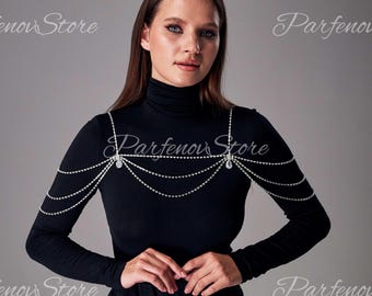 Cadena de hombro, collar de hombro con diamantes de imitación y cristal plateados, cadena corporal para mujer, cadena de sujetador, cadena de sujetador en capas