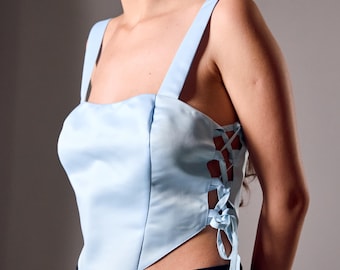 Baby blue corset for dress, Satin corset, Crop corset, Shoulder corset, Square neck corset, Modern corset,Whimsical corset,Summer corset top