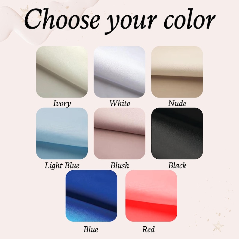 May include: Image with the text "Choose your color" above nine color swatches. Colors include ivory, white, nude, light blue, blush, black, blue, and red. The swatches are square and set against a soft pink background.