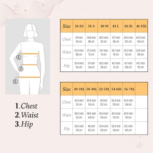 May include: A size chart for clothing measurements, including chest, waist, and hip sizes. The chart provides measurements in inches and centimeters, ranging from 36-XS to 56-7XL. The image includes a diagram of a person with numbered measurement points.