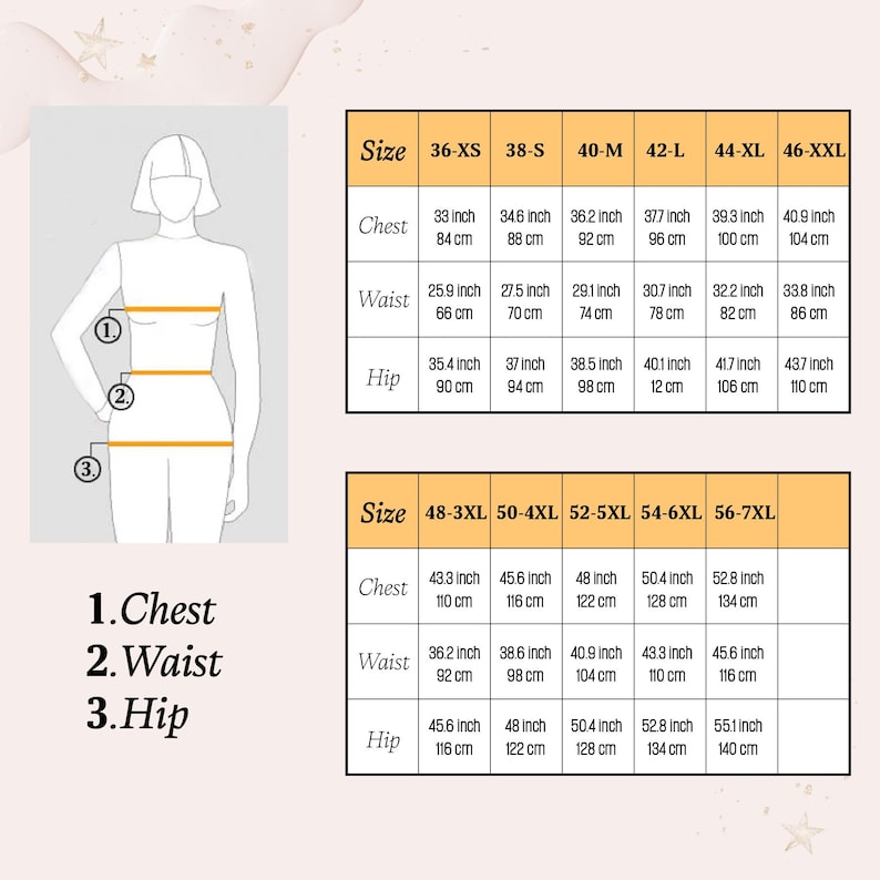 May include: A size chart for clothing measurements, including chest, waist, and hip sizes. The chart provides measurements in inches and centimeters, ranging from 36-XS to 56-7XL. The image includes a diagram of a person with numbered measurement points.