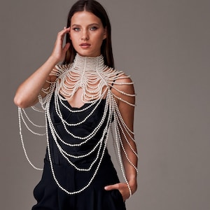 Pearl body chain, Shoulder necklace, Pearl top, Pearl collar necklace, Pearl cape bridal, Pearl choker, Beaded top, Pearl body jewelry