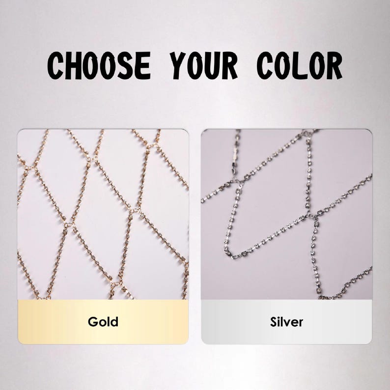 May include: Image shows two options for a body chain. One is gold, the other is silver. The text at the top says "CHOOSE YOUR COLOR". The gold chain is in a gold box, and the silver chain is in a silver box.