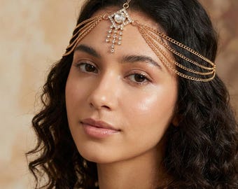 Stirnkette mit Strasssteinen, Kopfschmuck, Braut-Stirnkette, Festtags-Kopfschmuck, Goldene Kopfkette, Silberne Kopfkette, Haarschmuck