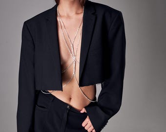 Silver body chain crystals, Body chain necklace long, Body chain harness, Chest body jewelry, Under bust chain, Layered body chain