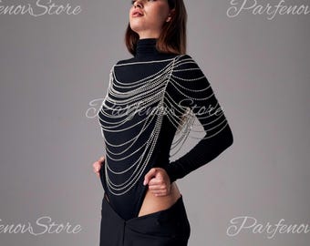 Cadena corporal para sujetador, Sujetador de cadena en capas, Joyería de cadena para el hombro, Collar de hombro con diamantes de imitación plateados y cristal, Joyería de cadena corporal para mujer
