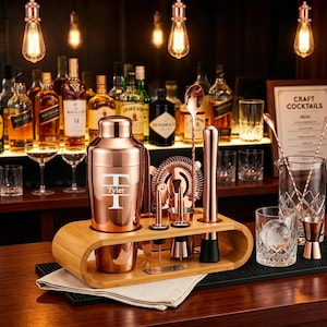 Personalized Cocktail Shaker Set with Bamboo Stand, Custom Engraved 10-Piece Stainless Steel Bar Tools Kit, Groomsmen Housewarming Gift