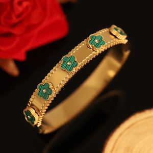 18K Gold Plated Green Clover Bangle Bracelet: Minimalist Stacking Jewelry