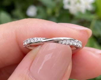 Pave Set Stackable Mobius Ring, 14k White Gold Twisted Wedding Band,  Round Moissanite Diamond Band, Mobius Diamond Wedding Band