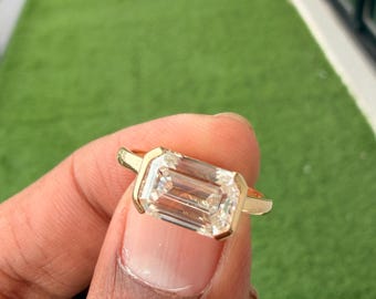 East West Emerald Moissanite Ring, 3 CT Half Bezel Engagement Ring, Emerald Cut Dainty Solitaire Ring, 14K Gold Low Profile Promise Ring