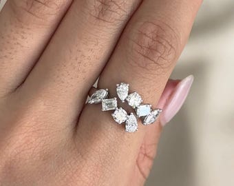 1.65 CT Multi-Shape Moissanite Open Wrap Ring, Bypass Half Eternity Band, Mixed Cut Diamond Cluster Ring, Unique Bridal Wedding Ring