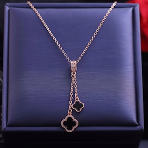 Rose Gold Plated Black Clover Necklace: Stainless Steel Satellite Chain
