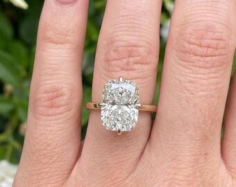 Elongated Cushion Moissanite Ring, 4CT Compass Prong Cushion Engagement Ring, 14k Gold High Setting Cushion Hidden Halo Ring, 12X8mm Cushion