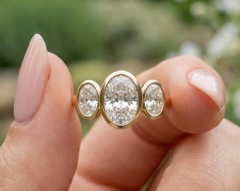 Bezel Set Oval Moissanite Three Stone Engagement Ring, 3 CT Oval Trilogy Ring, 14k Gold Bezel Set Three Stone Ring, Oval Past-Present-Future