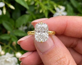 Elongated Cushion Moissanite Ring, 4CT Compass Prong Cushion Engagement Ring, 14k Gold High Setting Cushion Hidden Halo Ring, 12X8mm Cushion