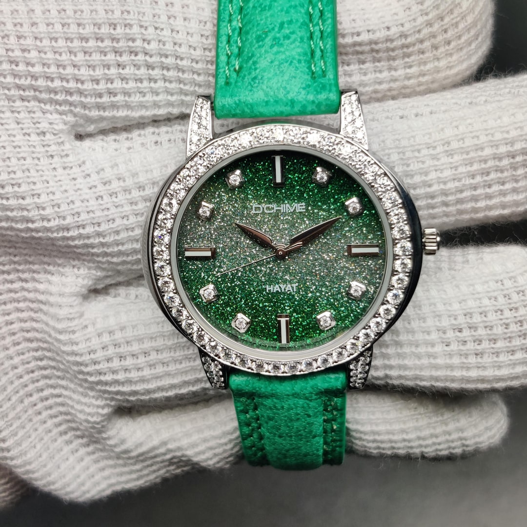 Moissanite Diamond Watch Emerald Green Dial, Italian Leather